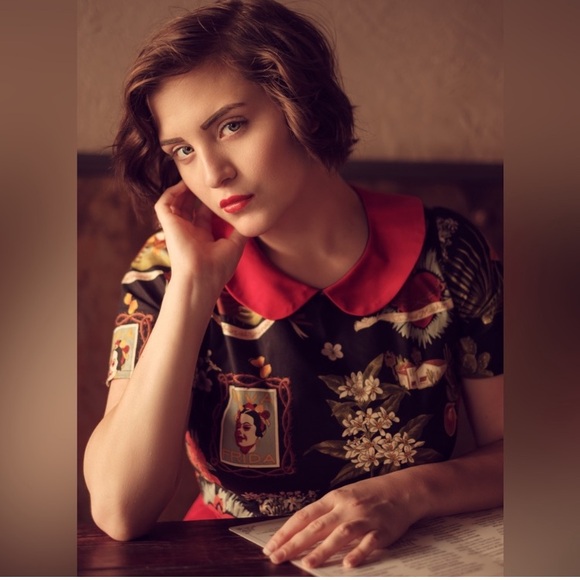 Hemet Store Frida Kahlo Cactus Collared Retro Pinup Top Blouse Sz S - Picture 11 of 11